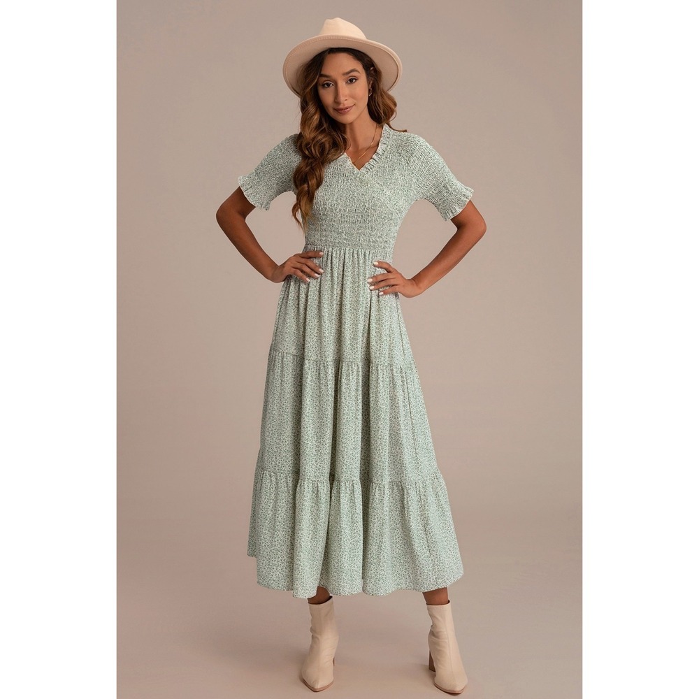 Polagram Sage Green Ditsy Floral Smocked Tiered Midi Dress PSD3391 Womens Large